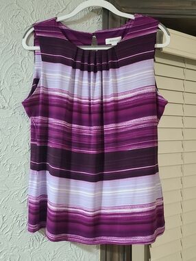 Calvin Klein purple striped sleeveless blouse featuring a pleated neckline *NWT*